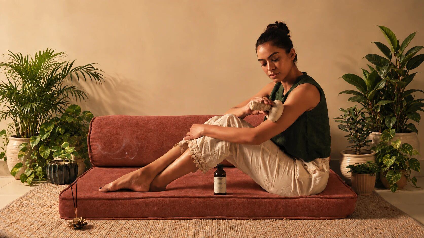 Mulher sentada numa almofada cor de ferrugem entre plantas, a massajar o braço com ervas, com óleo Art of Vedas e incenso ao lado.