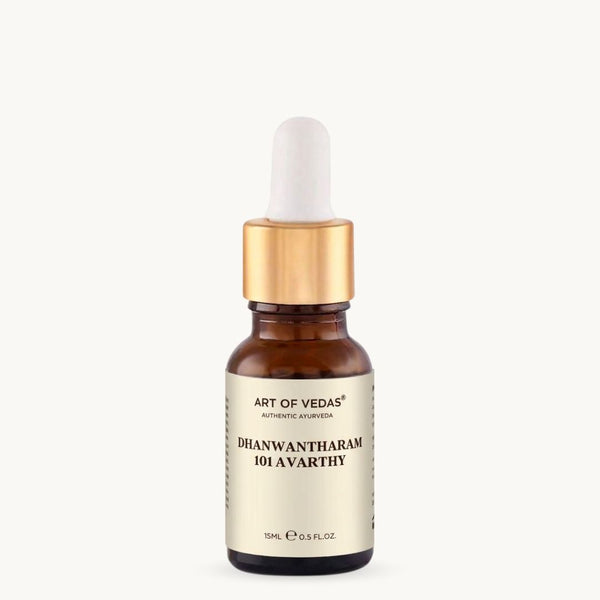 Art of Vedas Dhanwantharam 101 Avarthy 15ml, Thailam ayurvédico clássico na preparação 101 Avarthy, tradicionalmente usado na Abhyanga
