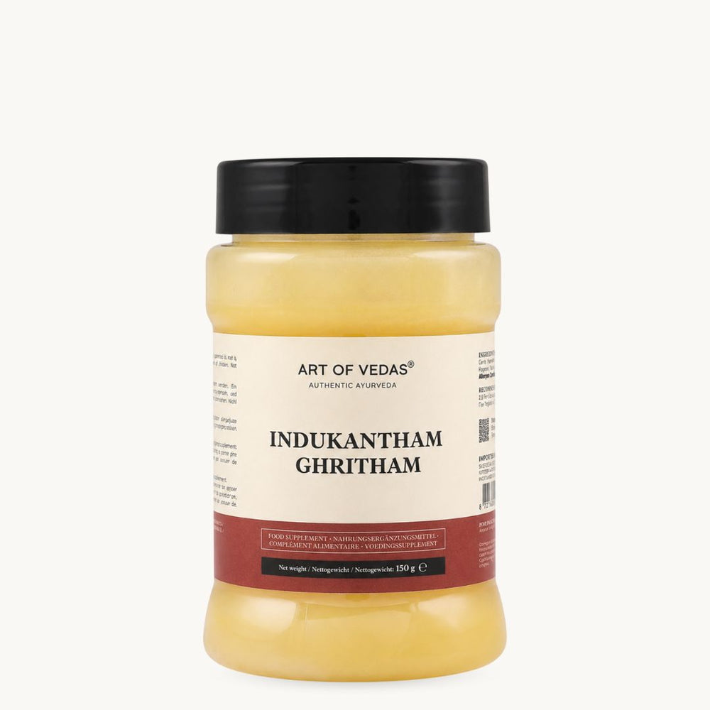 Art of Vedas Indukantham Ghritham, ghee ayurvédico clássico: gengibre, pimenta longa, sal-gema. Boião de 150 g