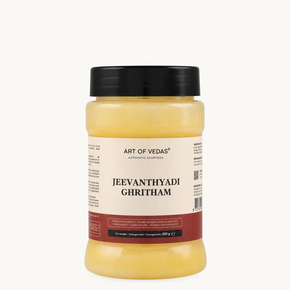 Art of Vedas Jeevanthyadi Ghritham, ghee ayurvédico clássico: Ashwagandha, Haritaki, endro. Boião de 150 g