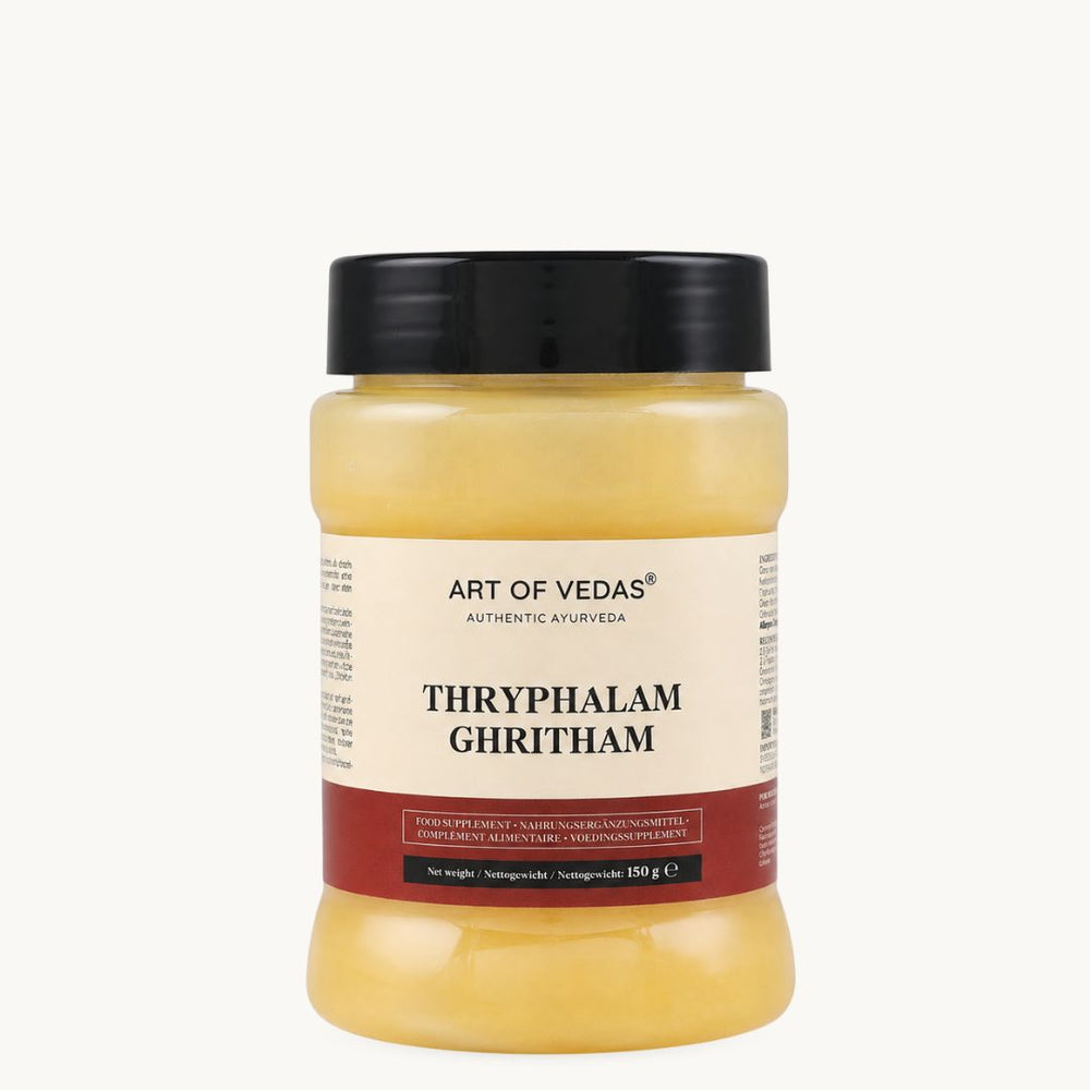 Art of Vedas Triphala Ghritham, ghee ayurvédico clássico: Haritaki, Amla, Bibhitaki. Boião de 150 g